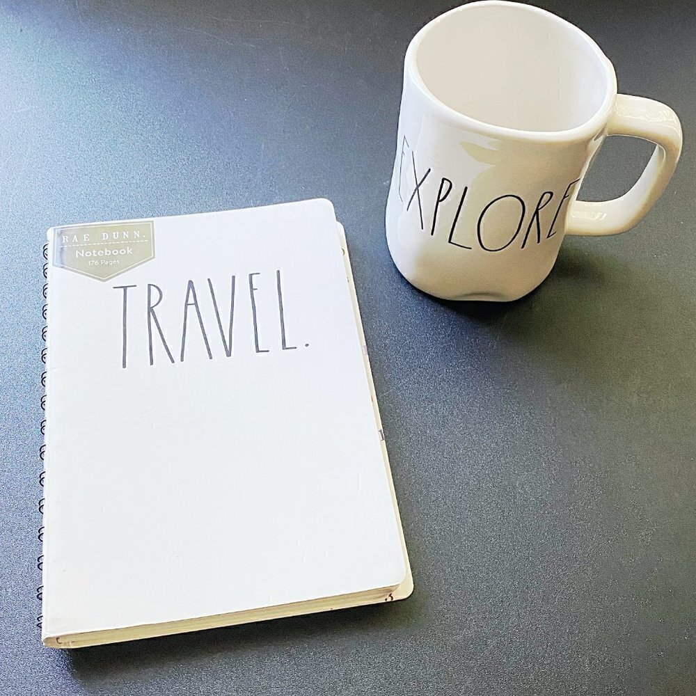 Rae Dunn Travel Notebook & Explore Ceramic Mug Bundle